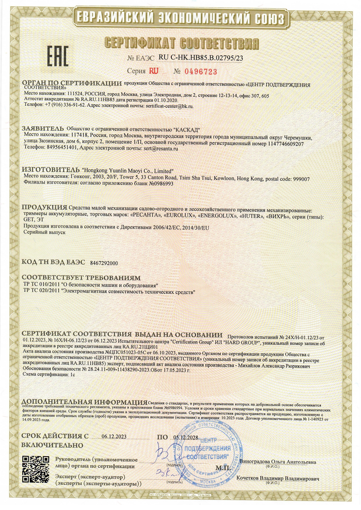 Декларации о соответствии Ресанта - ИПР